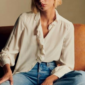 Sezane Cream Ruffle-Trim Button Blouse